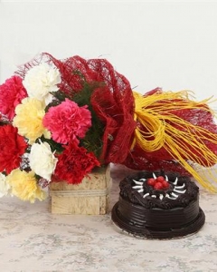 20 Mixed Carnation Flower Bouquet with Chocolate Cake