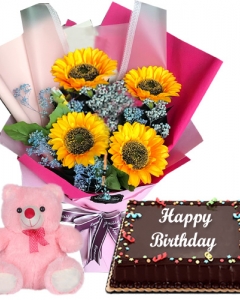Sunflower Bouquet with Cake and Teddy